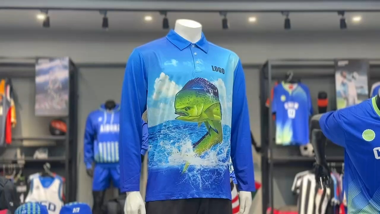 Léinte Iascaireachta Dye Sublimation saincheaptha atá deartha do do bhranda. léinte iascaireachta SPF sleeve fada le coiléar , Fan fionnuar agus cosanta gréine lenár n-ardchaighdeán 1