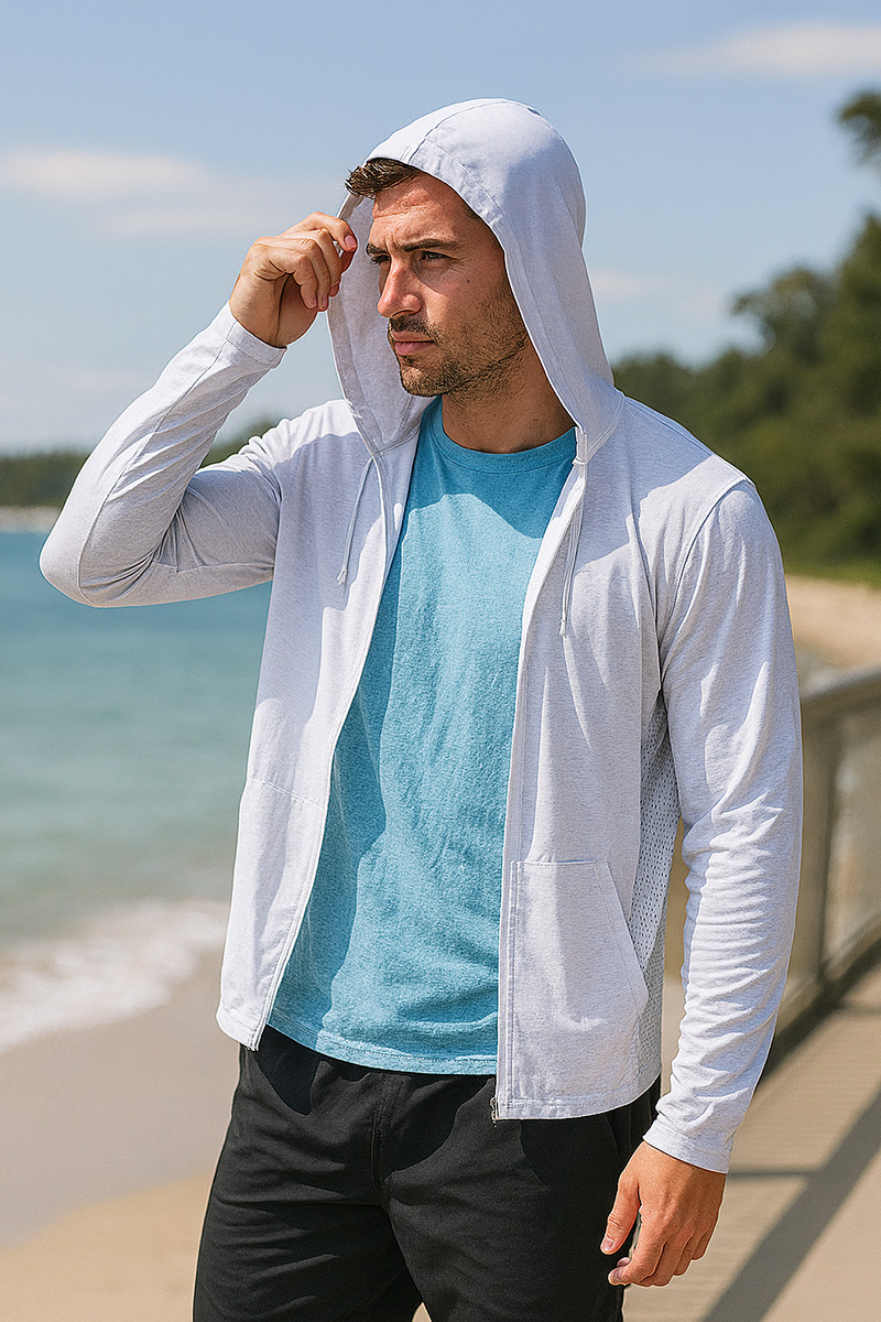 Top de proteção UV personalizada - jaqueta solar impressa da sublimação com painéis laterais de malha | Guarda para erupções cutâneas de zíper externo leves | Fornecedor de roupas UPF OEM 12