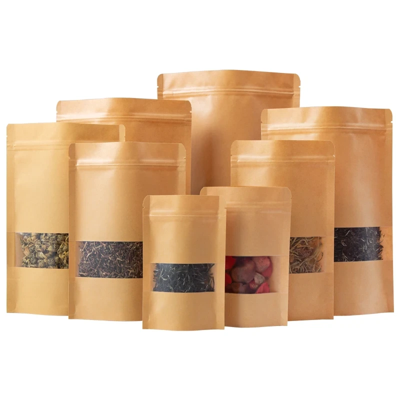 Bolsas de pie personalizadas biodegradables, bolsas de papel secas de Brown Kraft para acondicionamiento de alimentos con ventana transparente 1