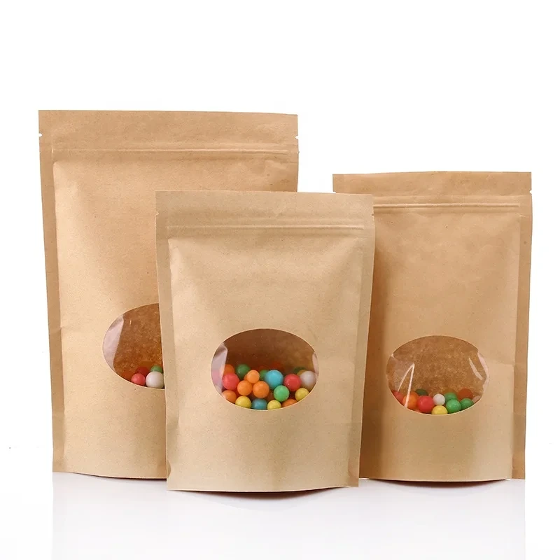 El almacenamiento que se puede volver a sellar de la comida se levanta la bolsa de papel de Brown Kraft de la cremallera superior de la bolsa con la ventana oval 1
