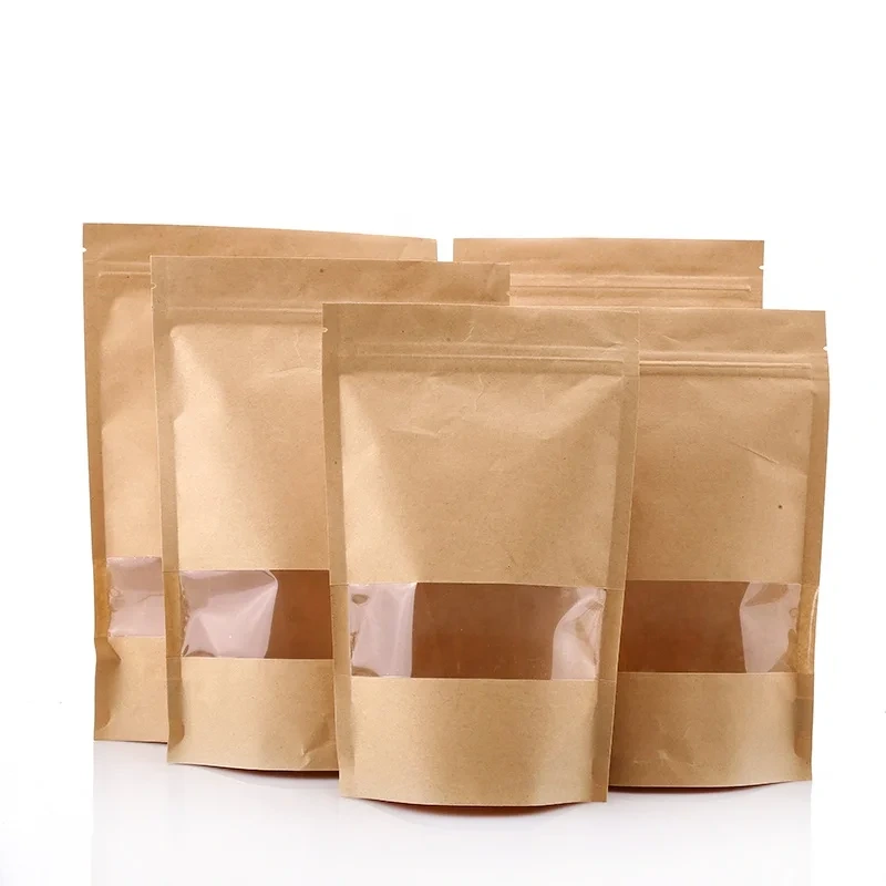 Bolso vertical reciclable de la bolsa de papel de Brown Kraft del Ziplock del almacenamiento de la comida con la ventana clara 1