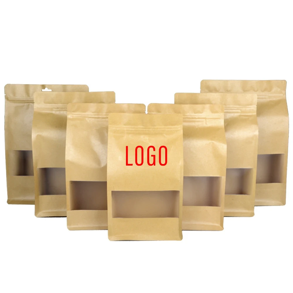 Custom Logo Kraft Food Paper Bag Snack Nuts Grain Paper Stand Up Pouch With Zipper And Clear Window 1