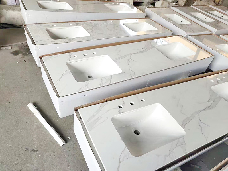 Statuario Calacatta Bancada de quartzo branco com pias retangulares duplas para decoração de cozinha-1708952387108185 3