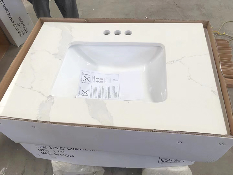 Statuario Calacatta Bancada de quartzo branco com pias retangulares duplas para decoração de cozinha-1708952387108185 7