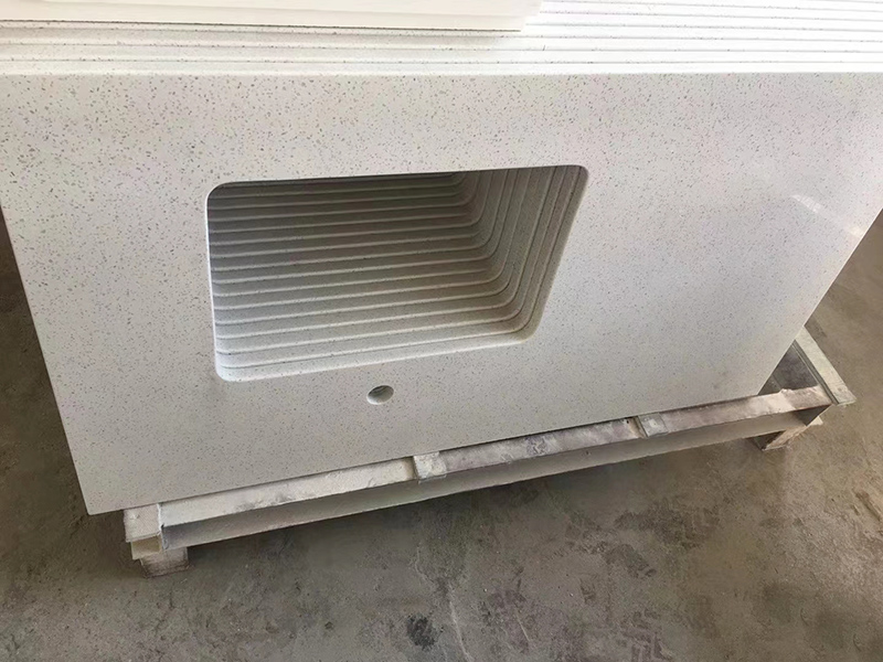Bancada de quartzo branco de grão pequeno com pia oval única para decoração de banheiro 2