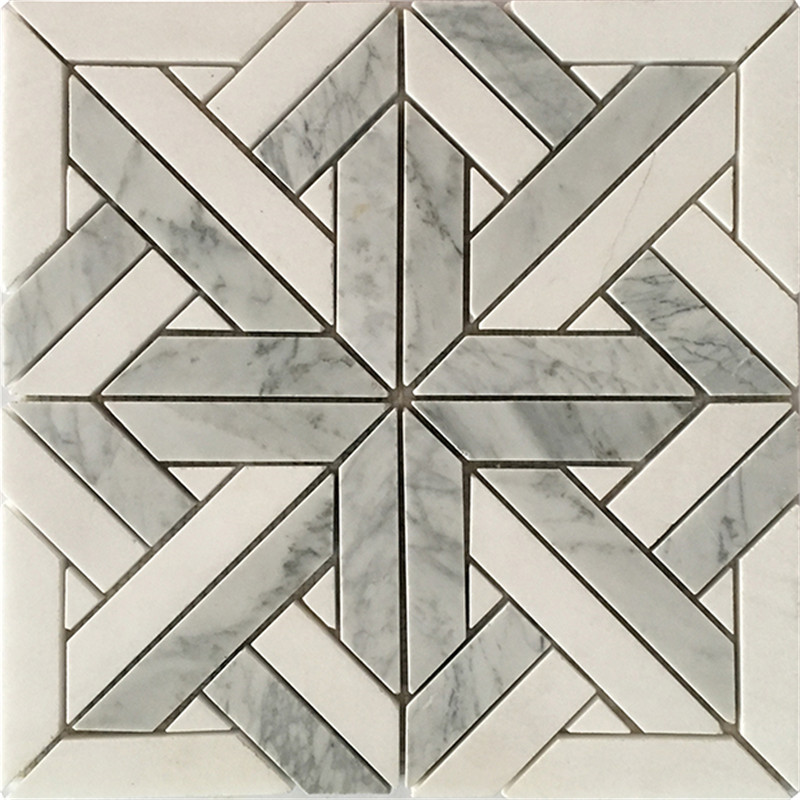 Patrón de mosaico mixto cuadrado de mármol blanco de Carrara para el diseño de paredes del comedor 4