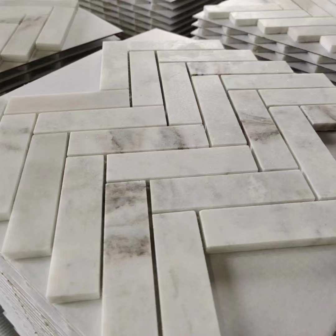 Azulejo de mosaico de espiga de mármol blanco Bianco Madrid para diseño de protector contra salpicaduras de cocina 6