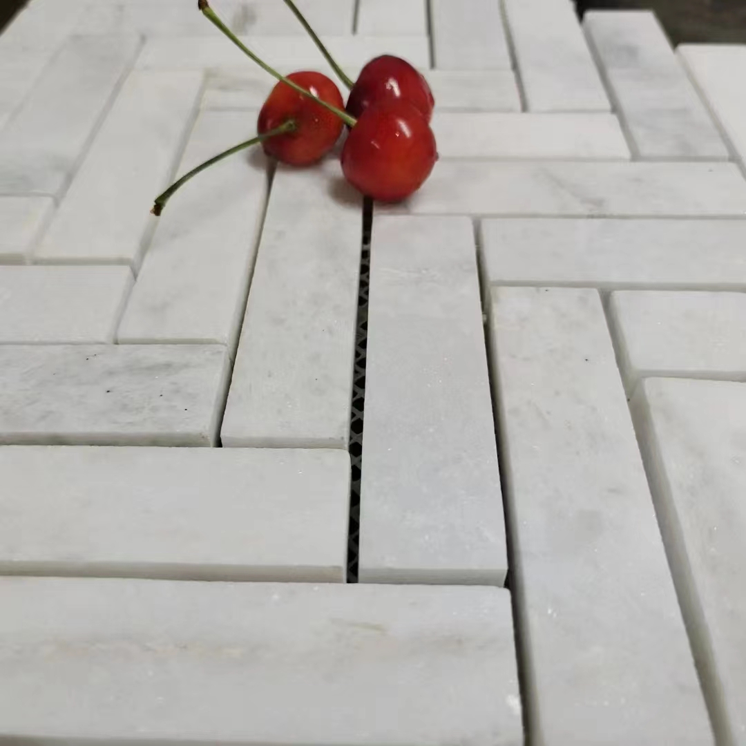 Azulejo de mosaico de espiga de mármol blanco Bianco Madrid para diseño de protector contra salpicaduras de cocina 1