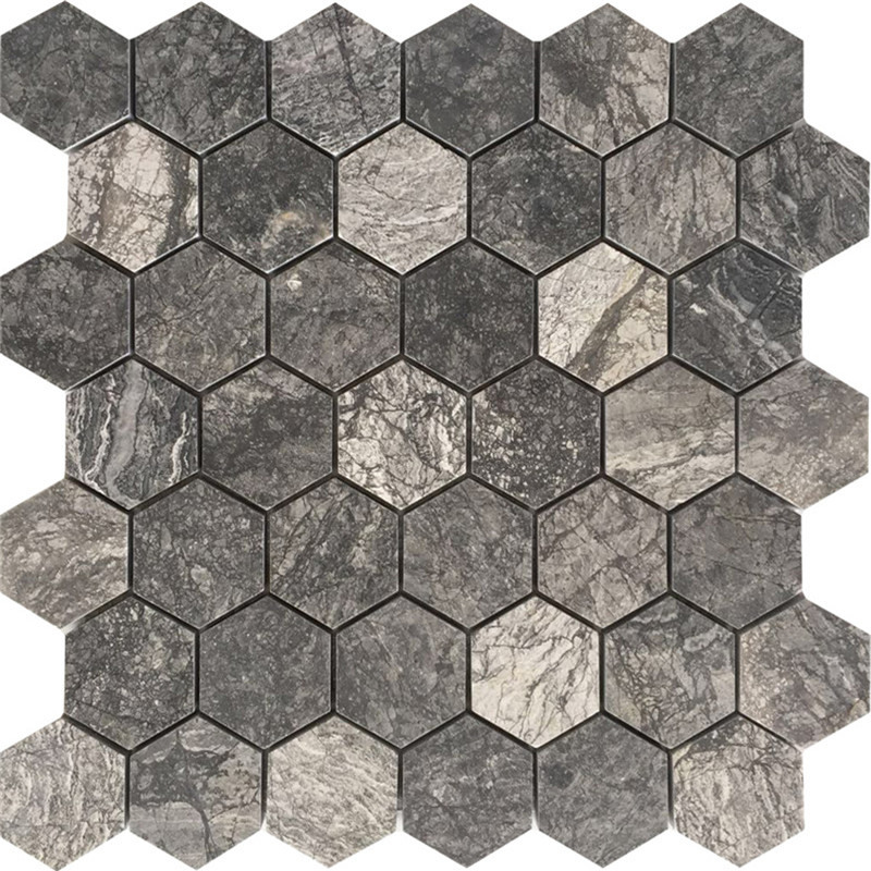 Azulejo de mosaico reciclado hexagonal de mármol gris elegante para diseño de protector contra salpicaduras de cocina casera 4