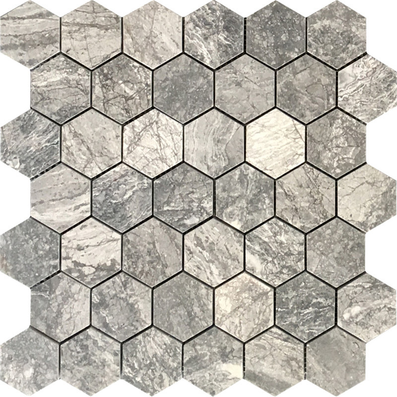 Azulejo de mosaico reciclado hexagonal de mármol gris elegante para diseño de protector contra salpicaduras de cocina casera 1