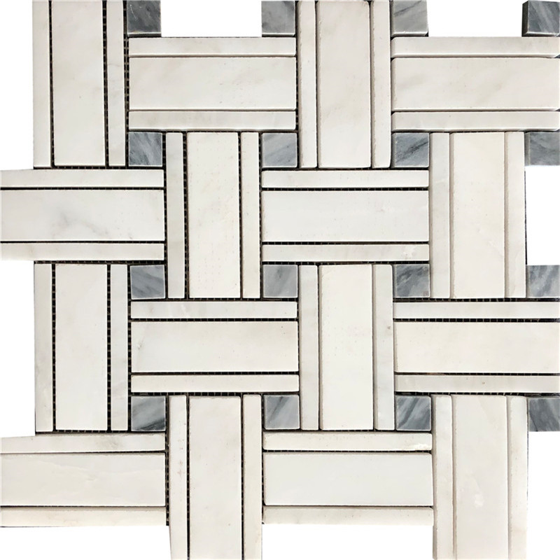 Patrón de mosaico roto de tejido de cesta de mármol blanco para azulejos de pared de baño 4