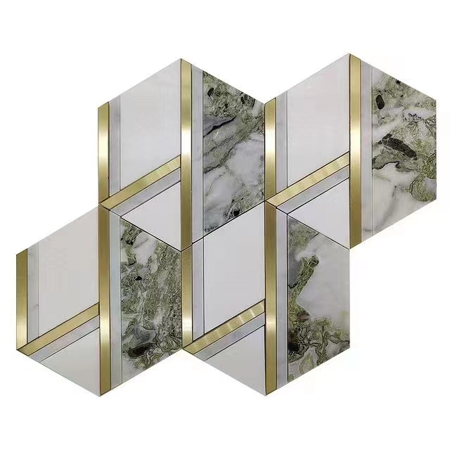Patrón de mosaico de metal mezclado de mármol verde jade hielo para decoración de paredes de comedor 1