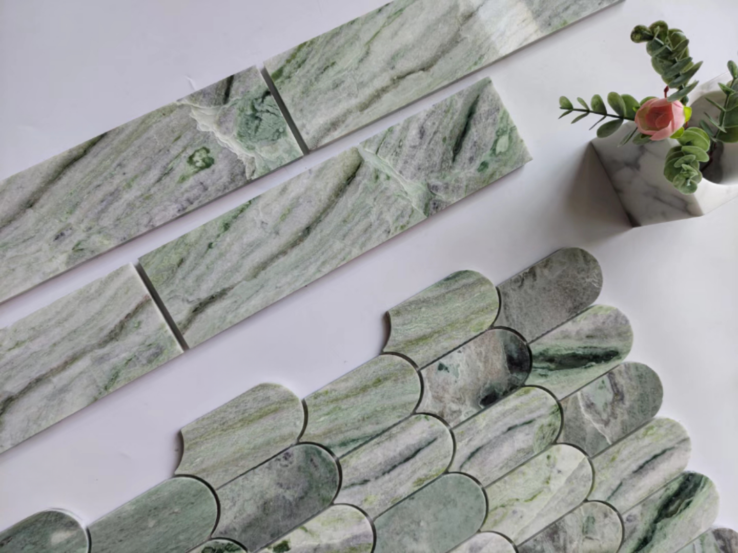 Azulejo de mosaico rectangular con tira de mármol verde jade de nube para azulejos de pared contra salpicaduras de cocina 5