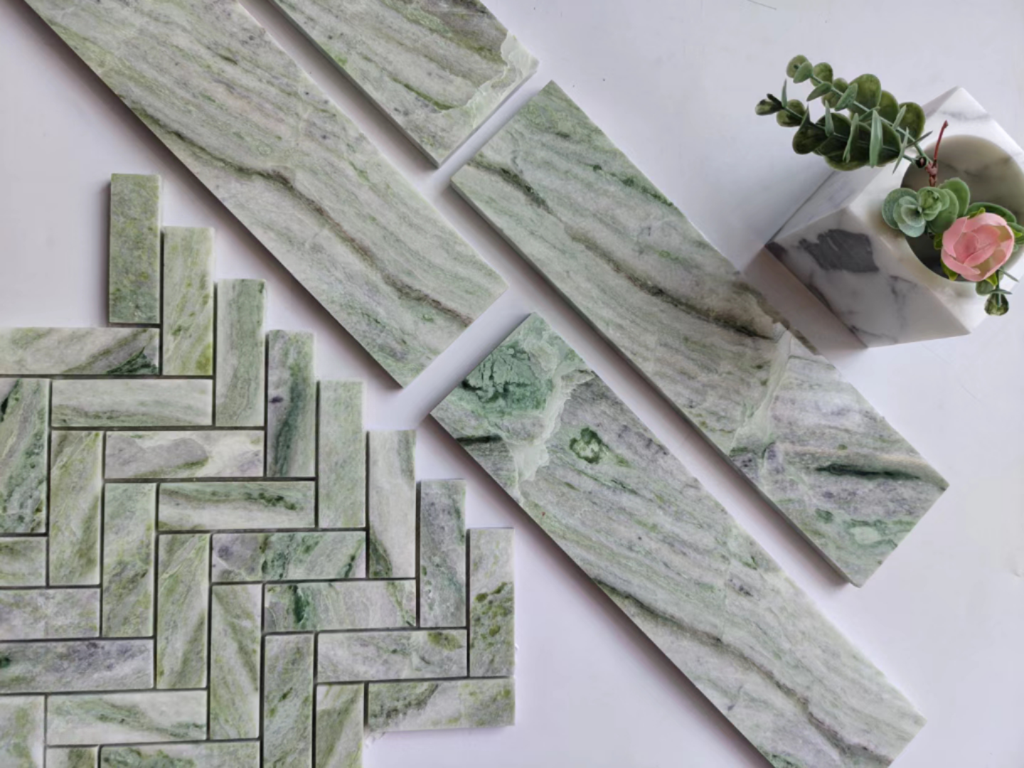 Azulejo de mosaico rectangular con tira de mármol verde jade de nube para azulejos de pared contra salpicaduras de cocina 4