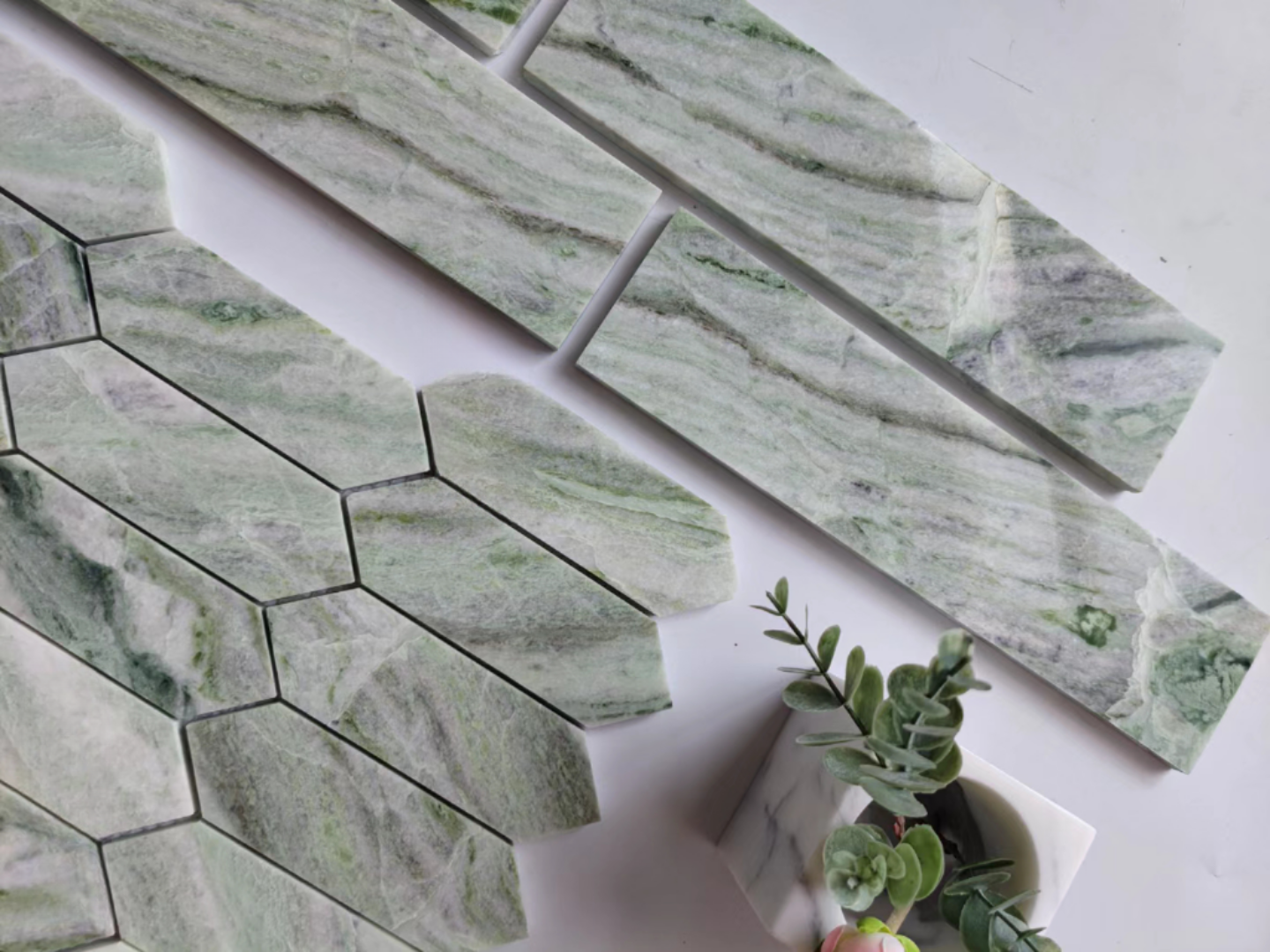 Azulejo de mosaico rectangular con tira de mármol verde jade de nube para azulejos de pared contra salpicaduras de cocina 3