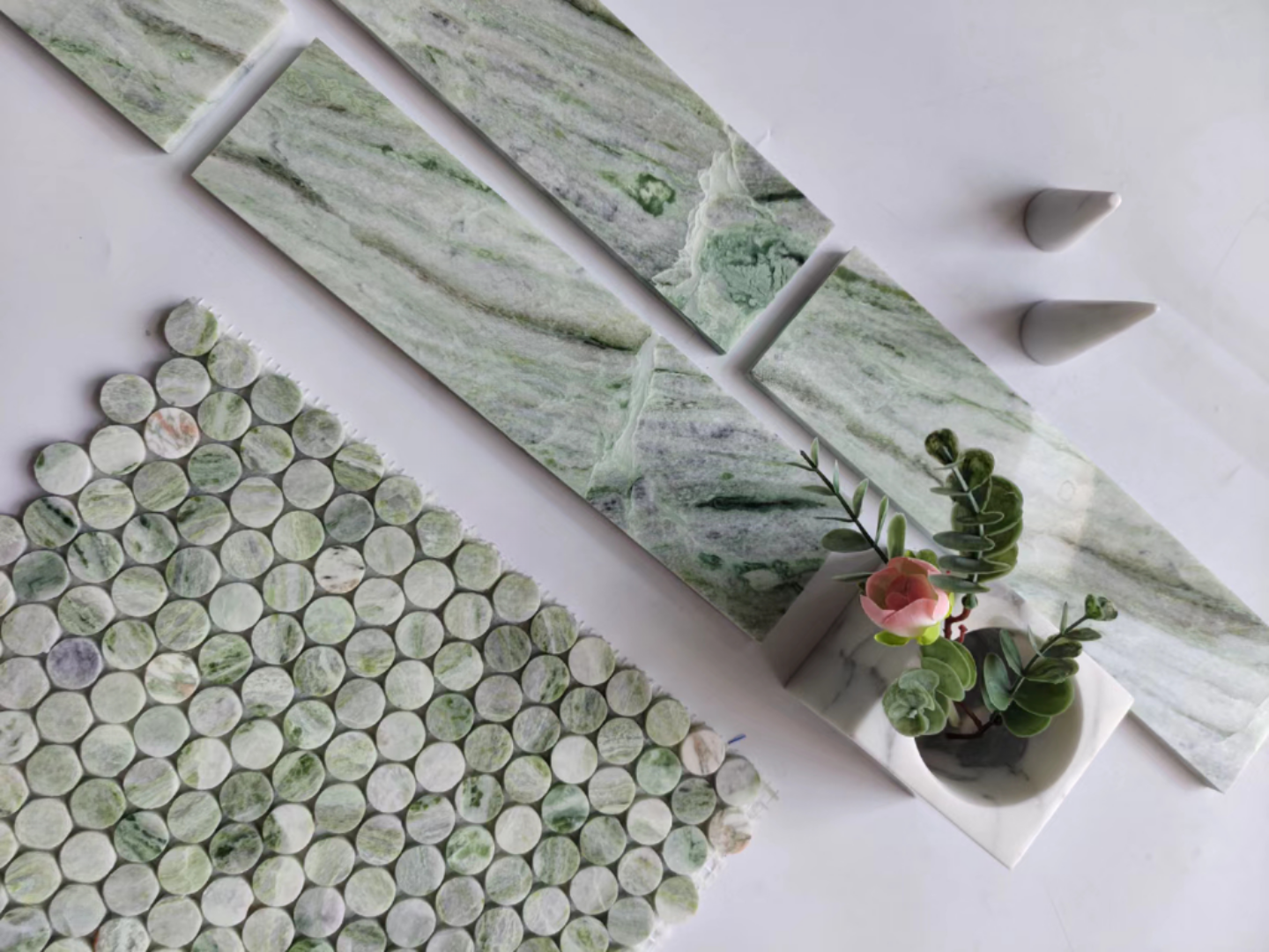 Azulejo de mosaico rectangular con tira de mármol verde jade de nube para azulejos de pared contra salpicaduras de cocina 2