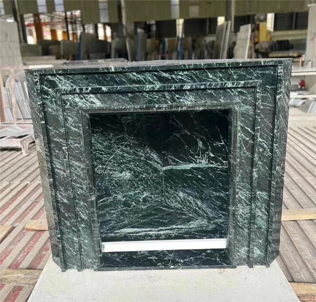 مدفأة من الرخام الأخضر من Verde alpi مُصنع تصميم حديث لديكور المنزل والفيلا منحوت يدويًا على الحجر الطبيعي 1