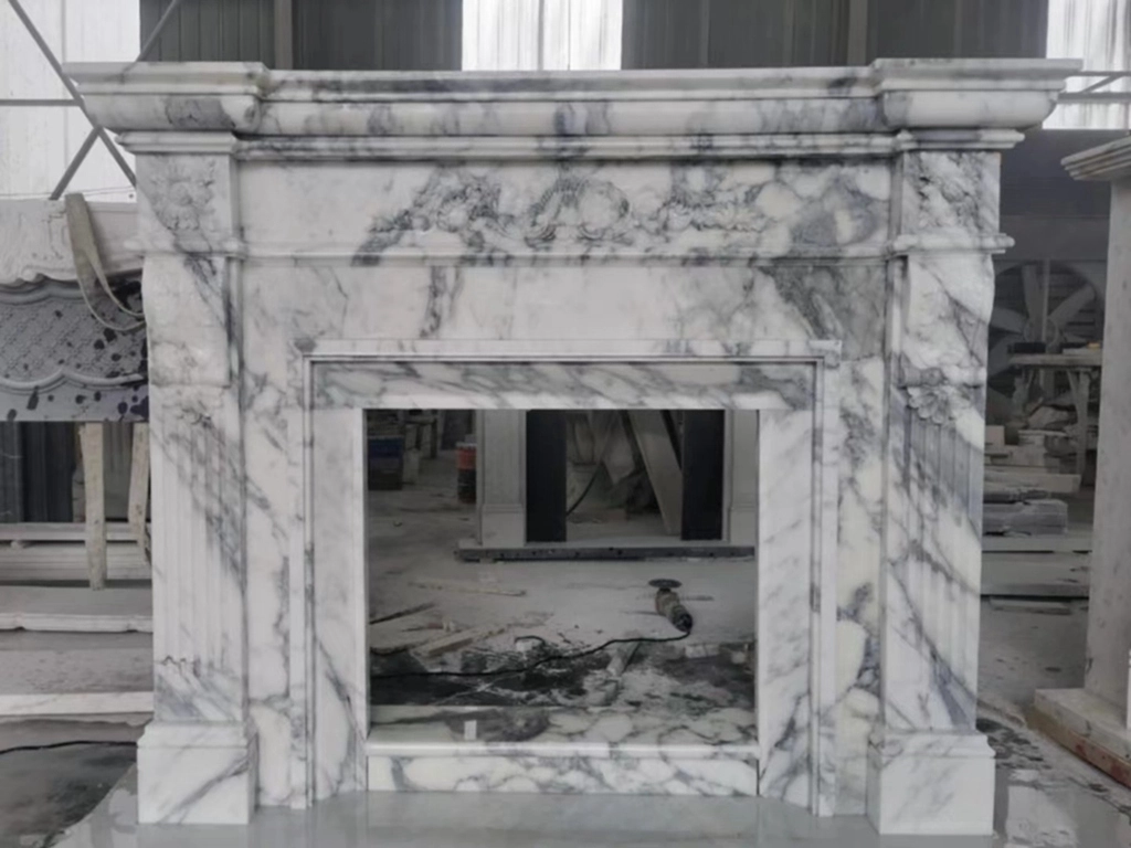 Arabescato White Marble Fireplace Villa Interior Decorative French Style Hand Carved Natural Stone Carving Fireplace 1