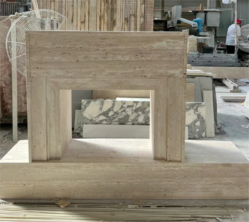 Repisa envolvente de escultura de chimenea de mármol Beige travertino tallada en piedra Natural tallada a mano 1