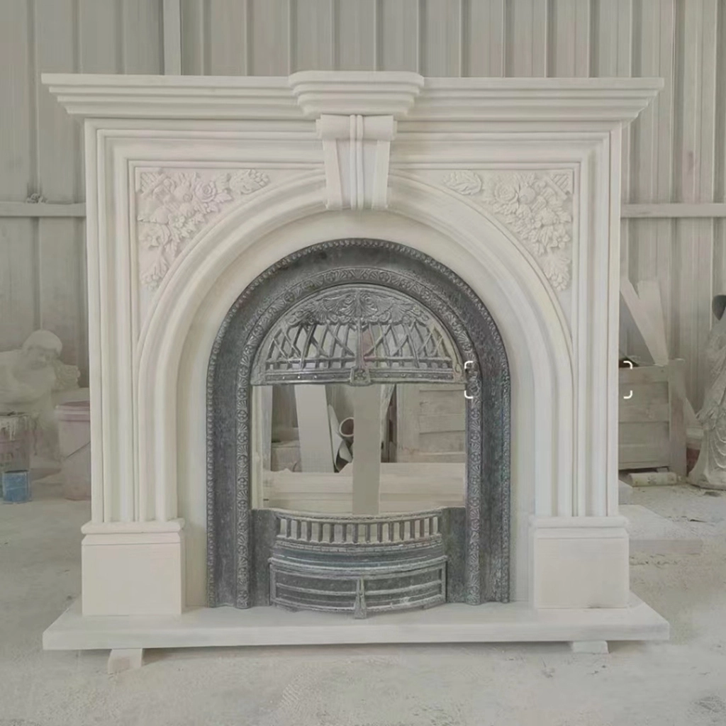 Fabricant européen Style décor à la maison sculpté à la main en pierre naturelle blanc marbre cheminée Sculpture Surround manteau 1