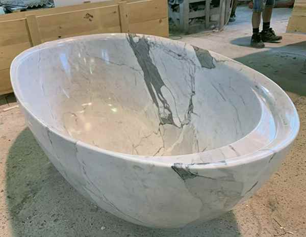 تخصيص مصنع حوض الاستحمام البيضاوي المصنوع من الرخام الأبيض المنحوت من Calacatta لديكور الحمام 1