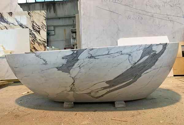 تخصيص مصنع حوض الاستحمام البيضاوي المصنوع من الرخام الأبيض المنحوت من Calacatta لديكور الحمام 4