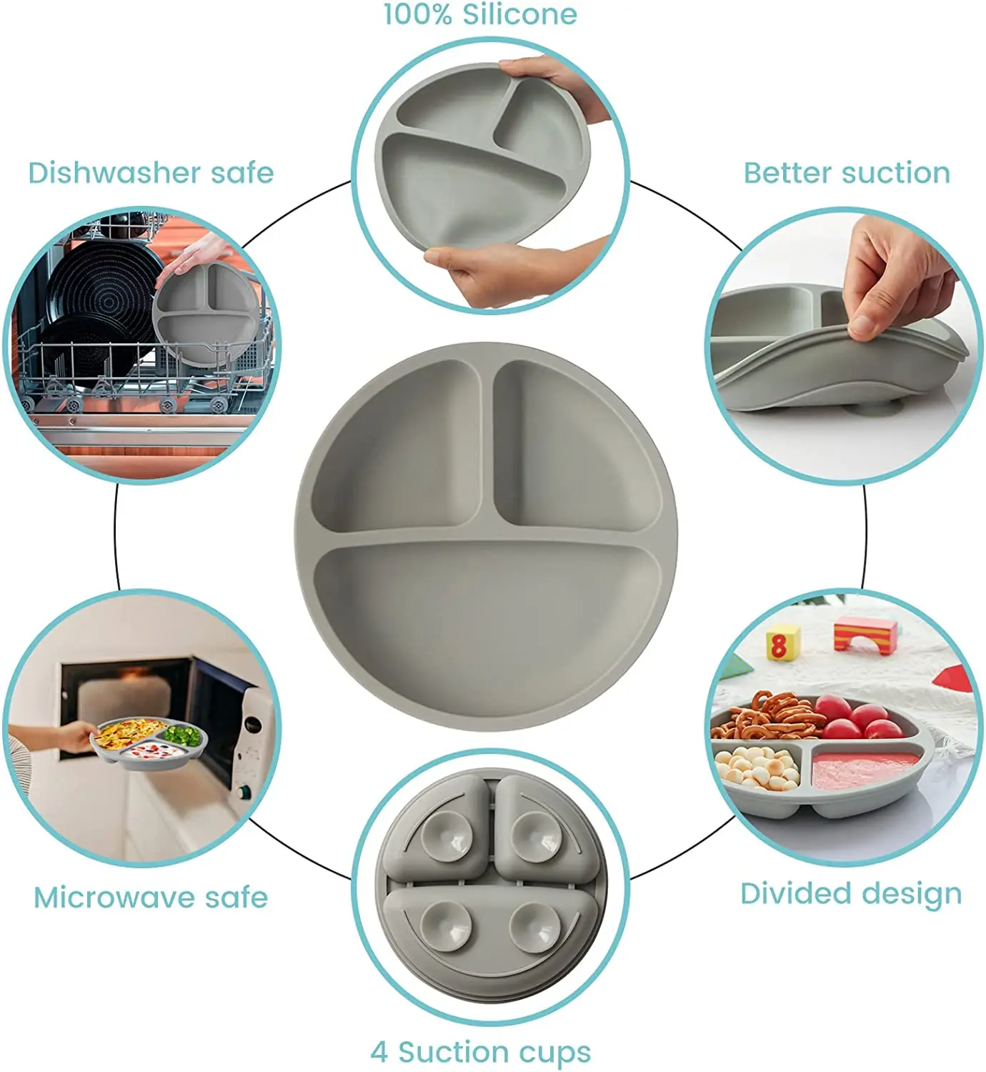 No placa de la succión del silicón de la categoría alimenticia del resbalón dividida para la placa de la succión del bebé de los niños del niño 3