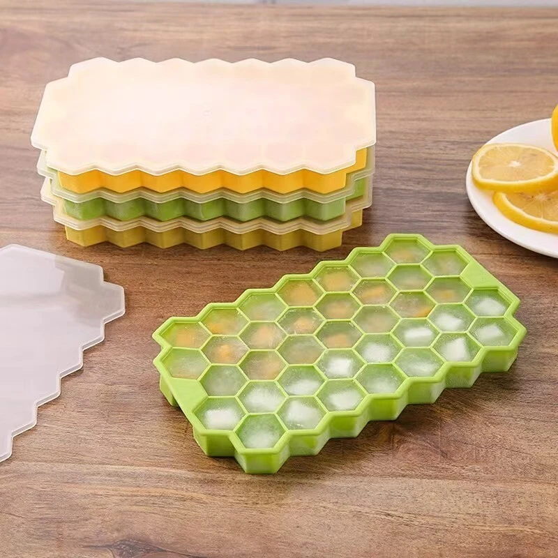 Honeycomb Ice Trays Silicone Ice Cube Molds with Lid Flexible Ice Cube Trays for Whiskey Cocktail Stackable 1