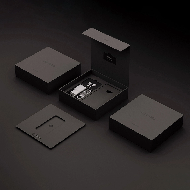 Caja de embalaje para teléfono móvil Allure M3, negra, cuadrada, estilo libro 1
