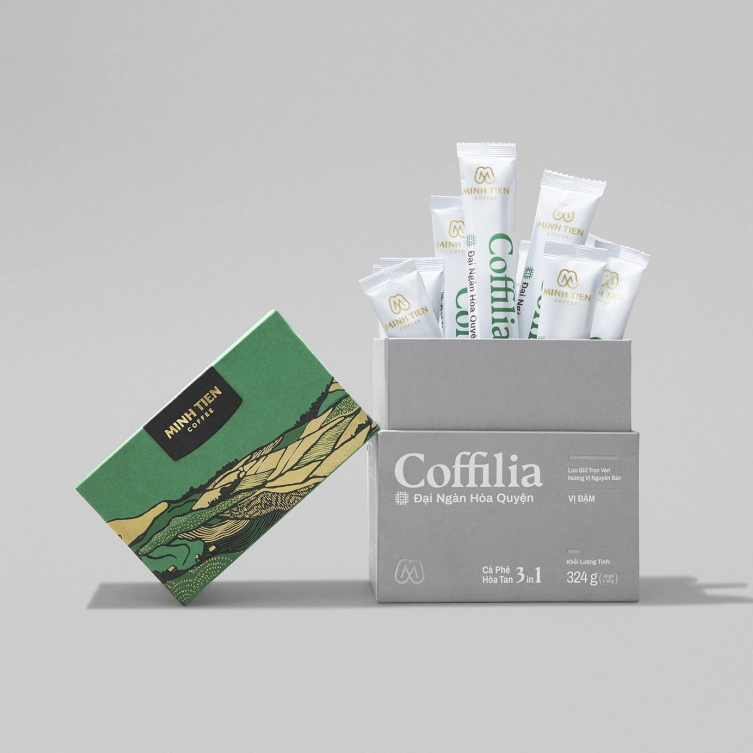 Cajas de embalaje de café instantáneo verdes y minimalistas. 1