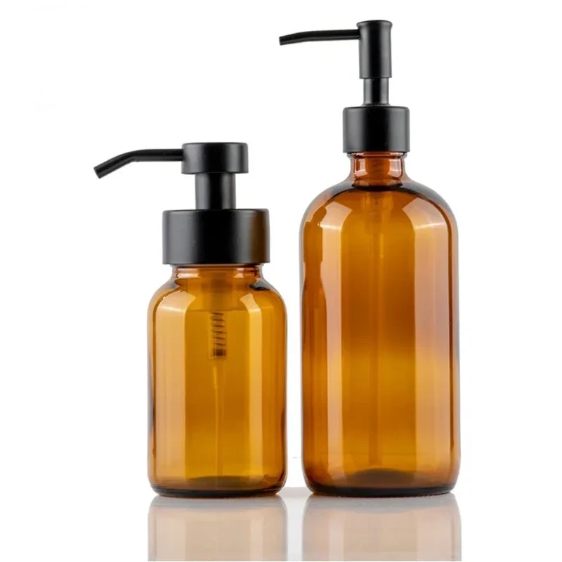 Boston Round Amber Glass Pump Shampoo Bottle Glass Lotion Bottle Manufacturer 1