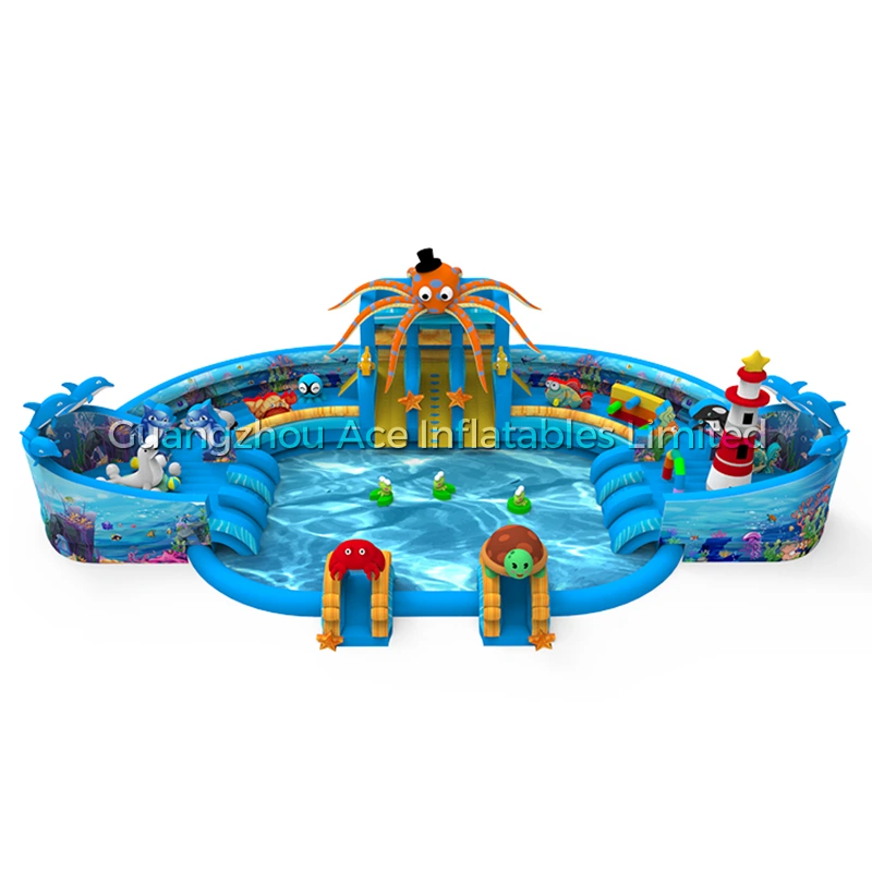 Aufblasbarer Meerestier-Themen-Wasserpark am Boden mit Rutschenbecken – Ace Inflatables 1