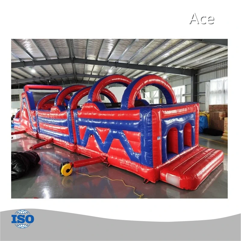 Commercial Red And Blue Fun Run Game Toy Obstacle With Slide Combo 70ft Long Inflatable Obstacle Course 1