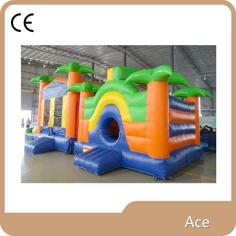 4 In 1 Bouncing Castles With Slide Pool Obstacle Course Palm Tree Jumping Castles Commercial Inflatable Bouncy Castle 1