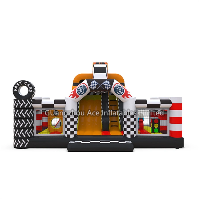 Casa de rebote inflable para carreras de coches con tobogán, combo comercial al aire libre para niños 1