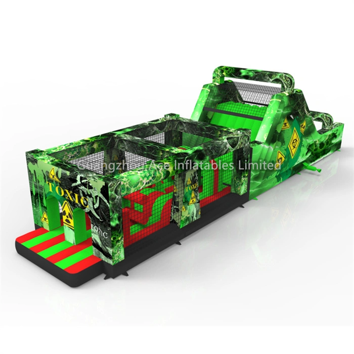 58ft Green Toxic Theme Inflatable Obstacle Course with Slide Combo 1