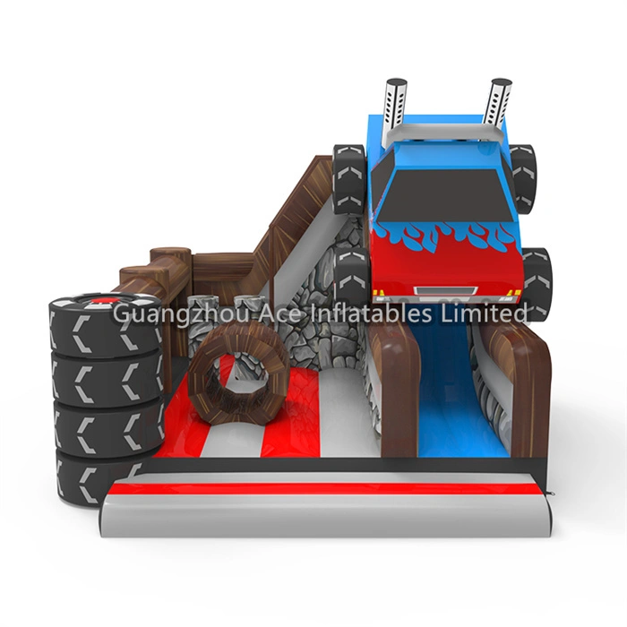 Combo de casa inflable de rebote para carreras de coches para niños con tobogán 1