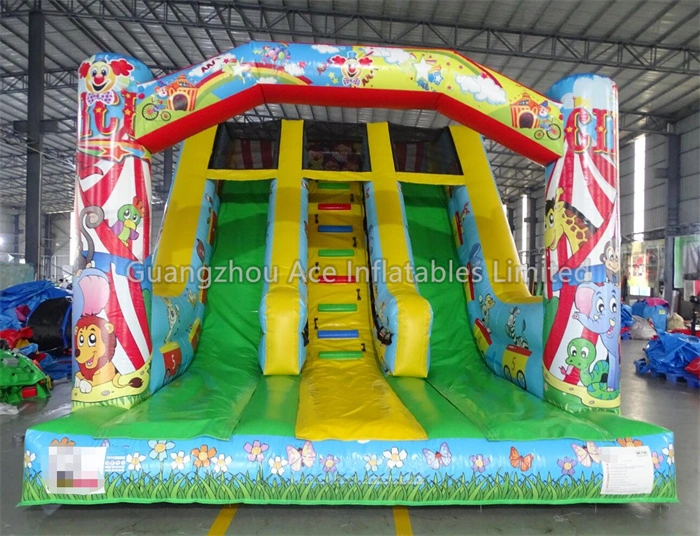 Tobogán seco inflable con tema de animales de circo de doble carril para niños 1