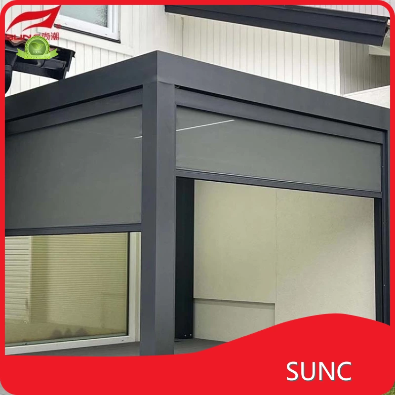 Sunc ಮಾಡರ್ನ್ ಹೊರಾಂಗಣ ಜಲನಿರೋಧಕ ಮೋಟಾರೈಸ್ಡ್ ಅಲ್ಯೂಮಿನಿಯಂ ಪರ್ಗೋಲಾ ಕಂಪನಿ ಕಾರ್ಟನ್ ಅಥವಾ ಮರದ ಕೇಸ್ 1