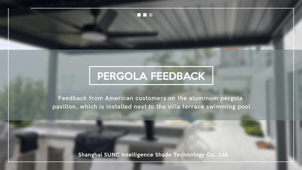 Nzaghachi sitere n'aka ndị ahịa America na pavilion aluminom pergola, nke etinyere n'akụkụ ọdọ mmiri terrace nke villa.