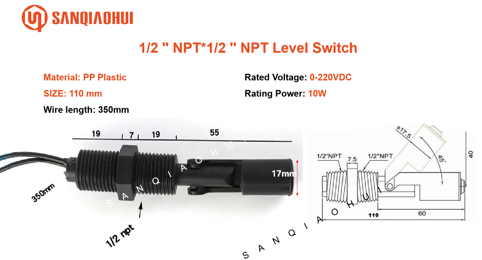 Sqh108 Side Installation Magnetic Sensor Float Switch Pp Liquid Level Switch Fluid Level Sensor 6