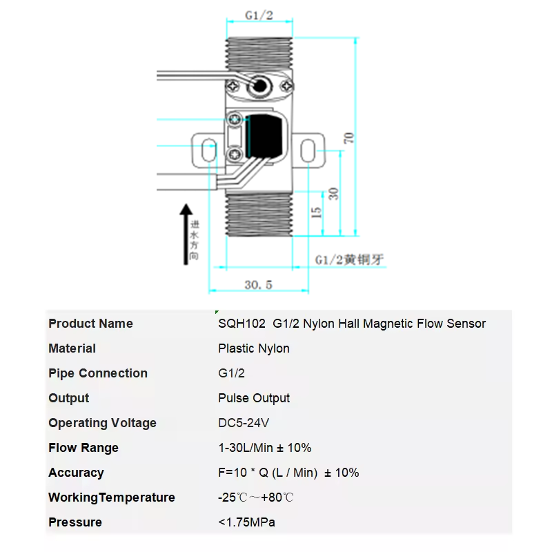 SANQIAOHUI Plastic Water Flow Sensor G1/2 with temperature sensor 50k 4