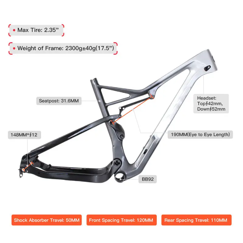 New 2024 Hot Selling Disc-brake Carbon T800 Fiber Bike Frame Internal Cable Full Suspension Xc Bike Frame Bicycle Carbon Frame 5
