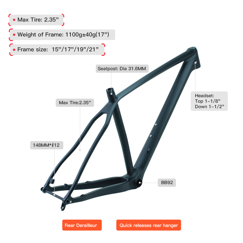 Quadro MTB de fibra de carbono para bicicleta de montanha 29ER com freio a disco 7