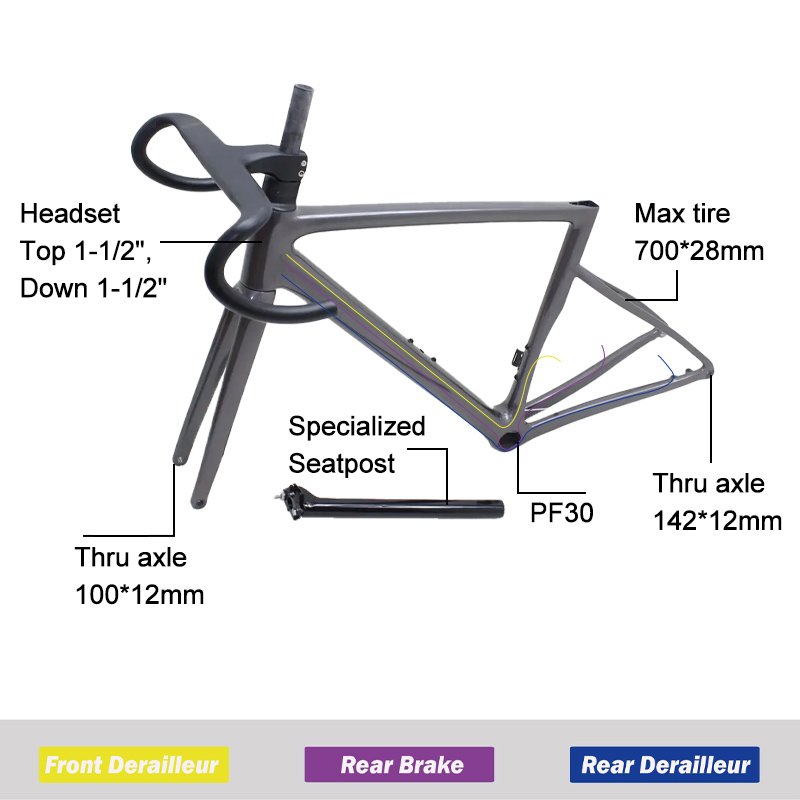 Telaio per bici da strada con freno a disco Supperlight in fibra di carbonio con cavo completamente interno e perno passante 9