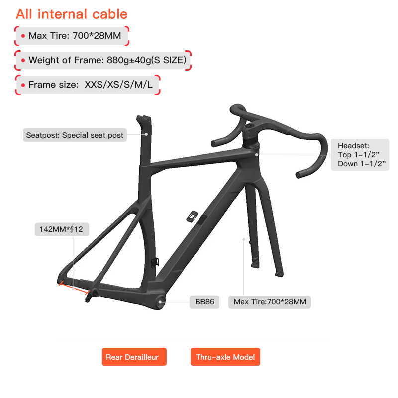Carbon fiber 700*28C road aero disc brake bicycles frame 7