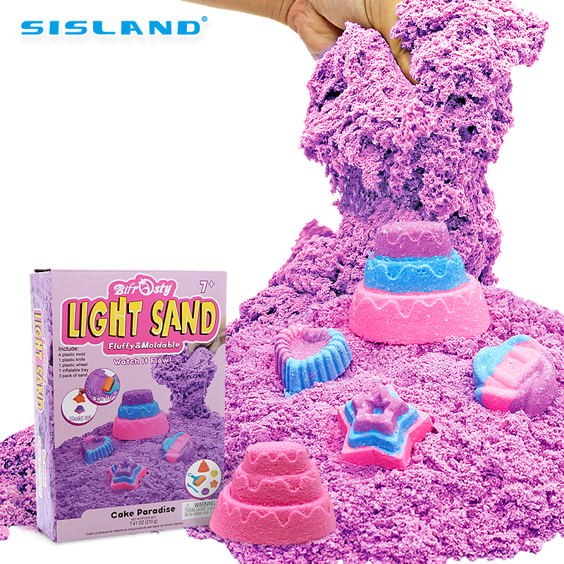 DIY magic sand set with colorful sand, molds, and finished castle shapes