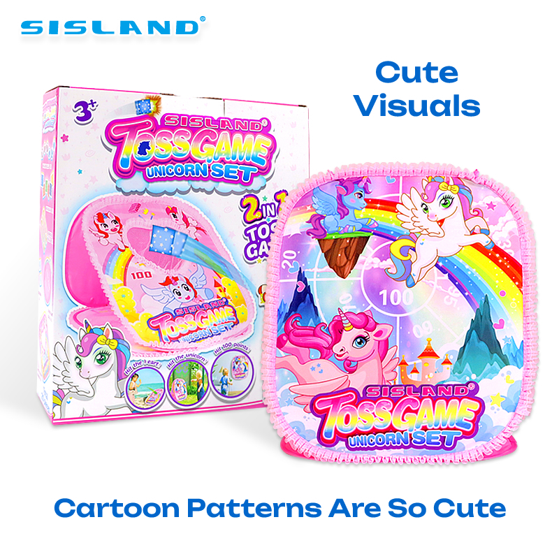 unicorn bean bag toss game set with pink  dartboard and accessories