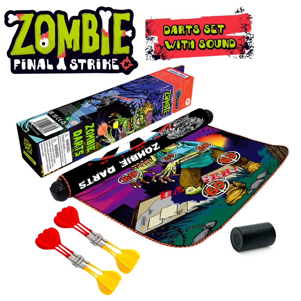 Zombie magnetic dartboard set with sound, showing the zombie target board, soft magnetic darts, sound module, and retail box