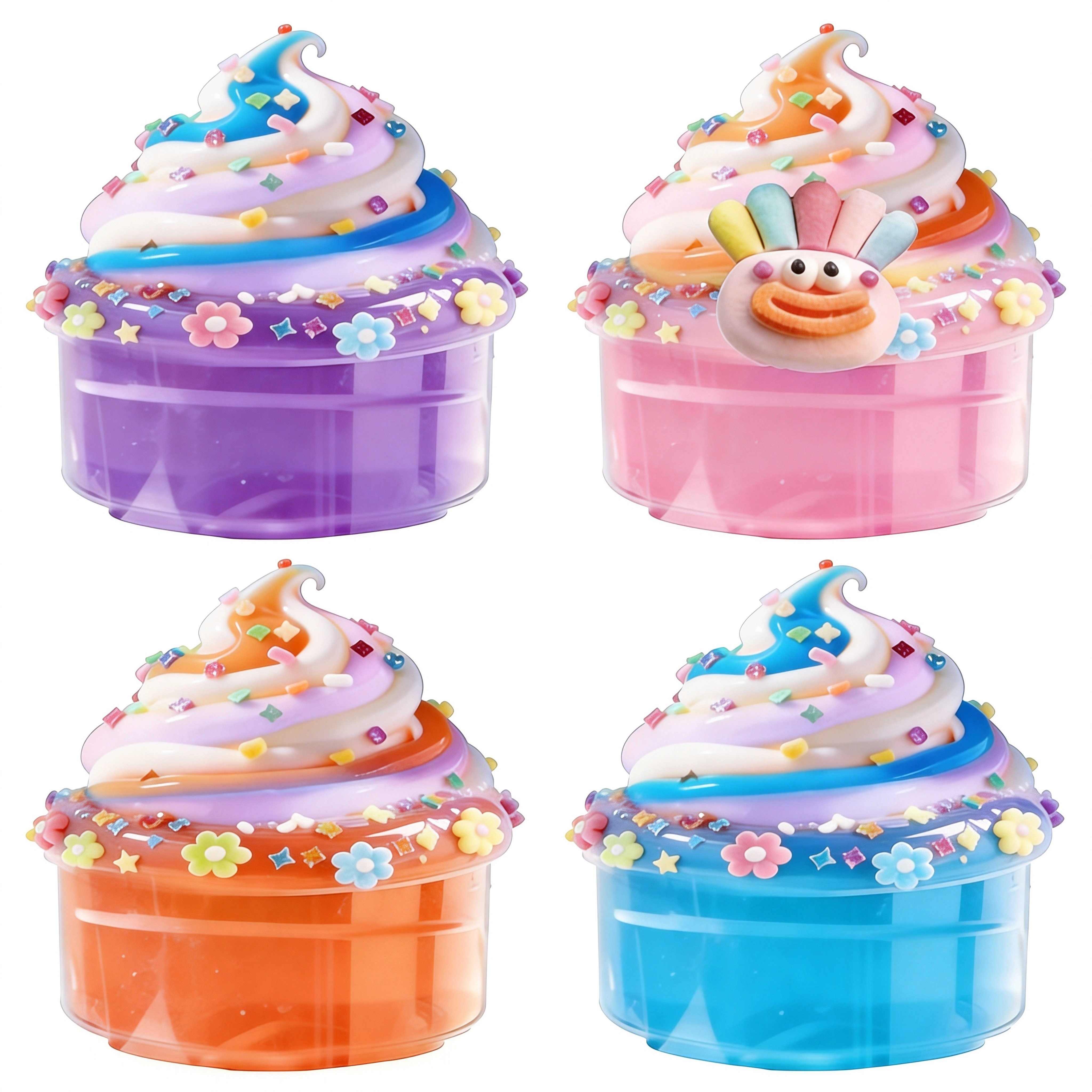 clear glass slime set in purple pink orange blue